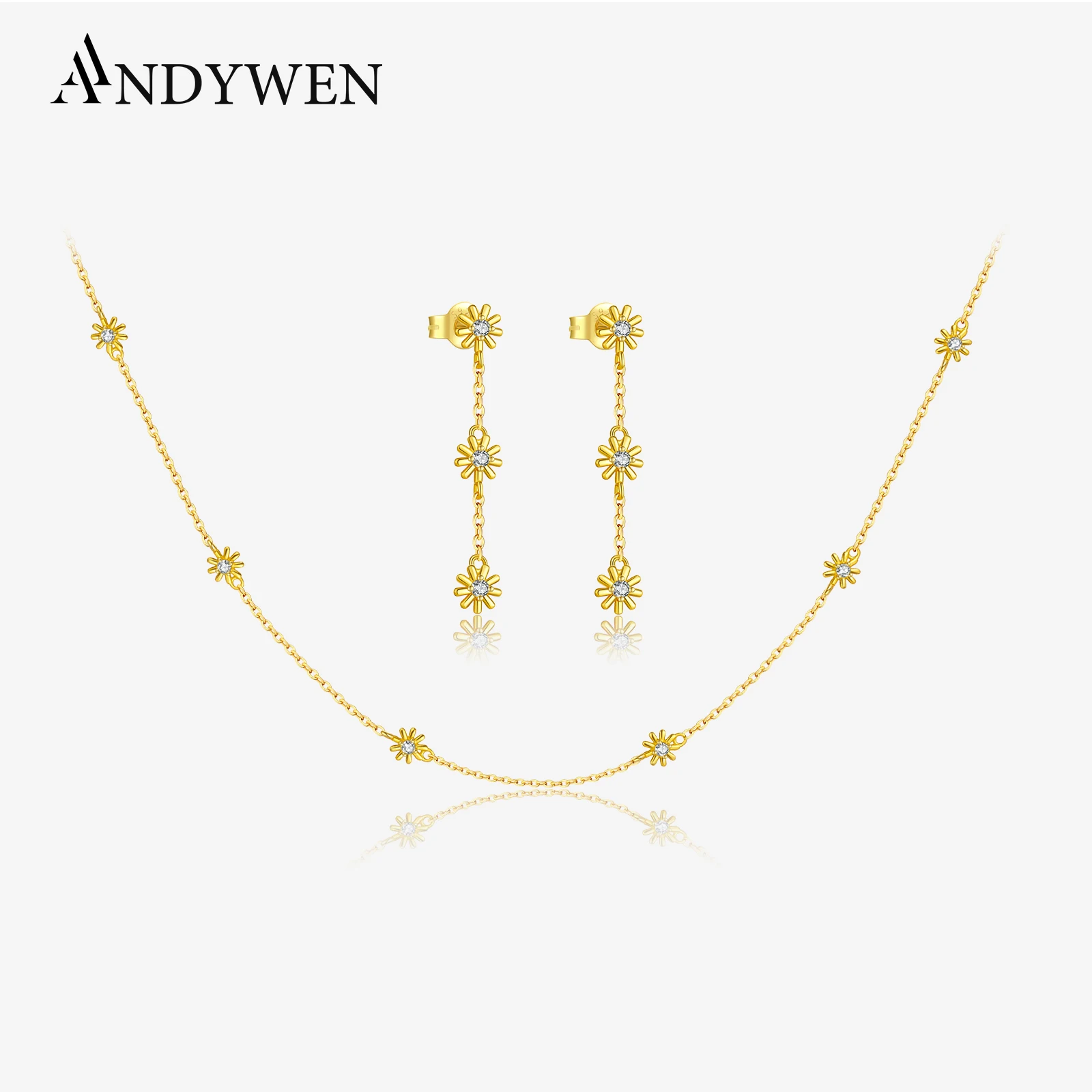 

ANDYWEN 925 Sterling Silver Flower Drop Earring Pendant CZ Zircon Long Necklace Drop Earring Jewelry Set Luxury Fine Women Gift
