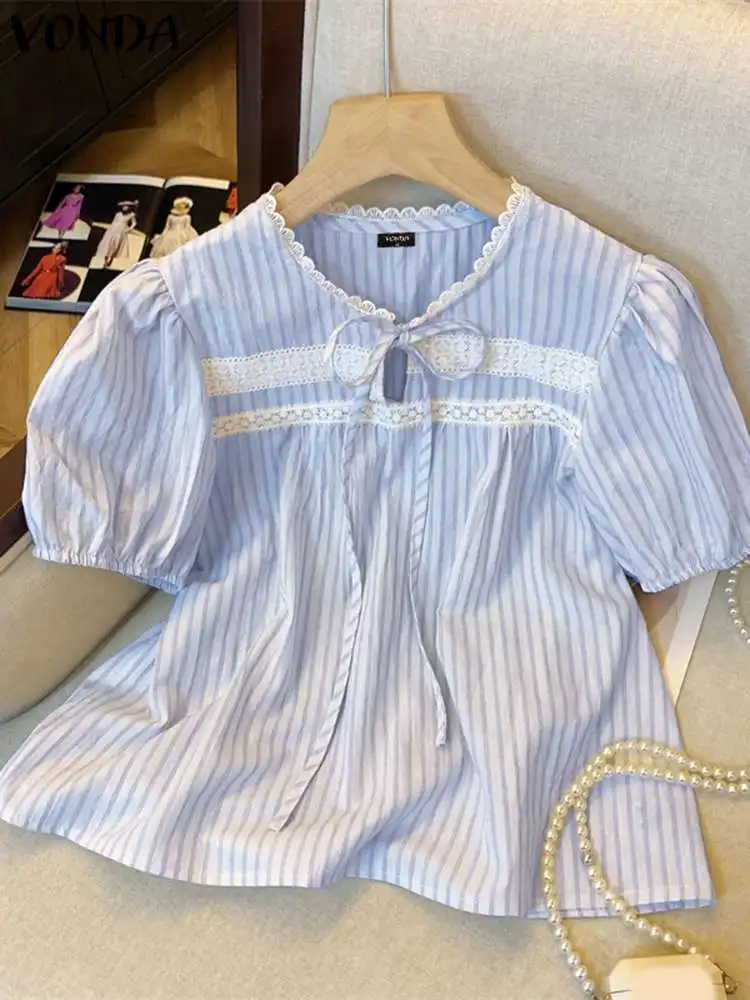 VONDA Fashion Stripe Shirts 2024 Women Blouse Summer Bandage O-Neck Short Puff Sleeve Pleated Casual Loose Blusas Elegant Tops