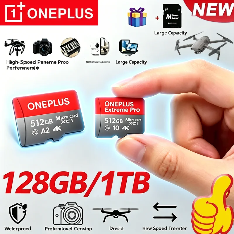 Cartão de Memória Oneplus 1TB Classe 10 para iPhone, Drone, Câmera, Carro, Alta Velocidade, Cartão de Memória 512GB, Cartão Micro SD 256GB, Cartão Flash TF