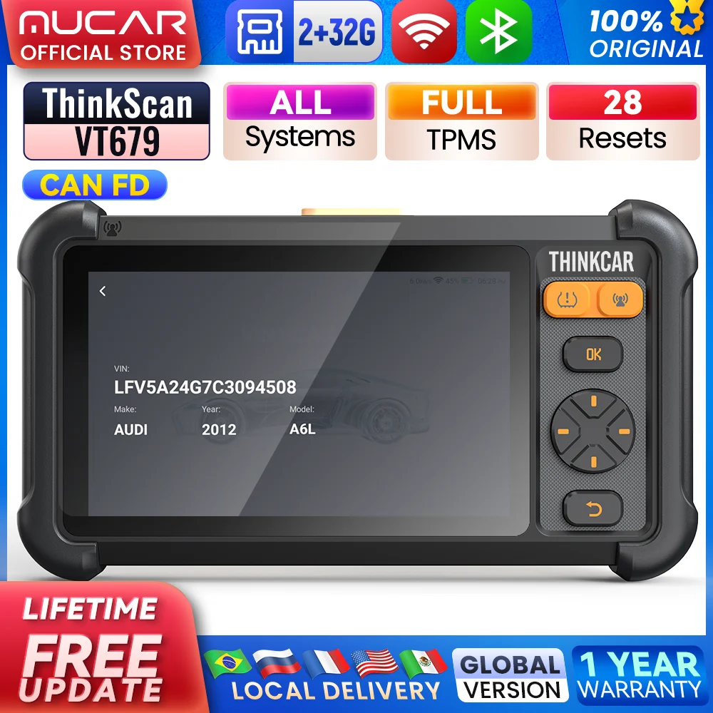 THINKCAR VT679 TPMS Full System Health Check OBD2 Scanner Automotive Diagnostic Tools Support CANFD 28 Resets Tire Pressure Scan