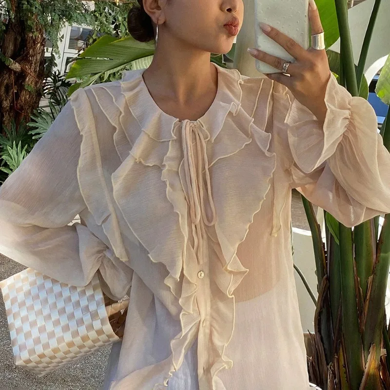 Talenza Bowknot Women's Shirt Spring Fashion Solid Ruffle Lace-up Long Sleeve Blouses Loose Casual Elegant Women Blouse 2025