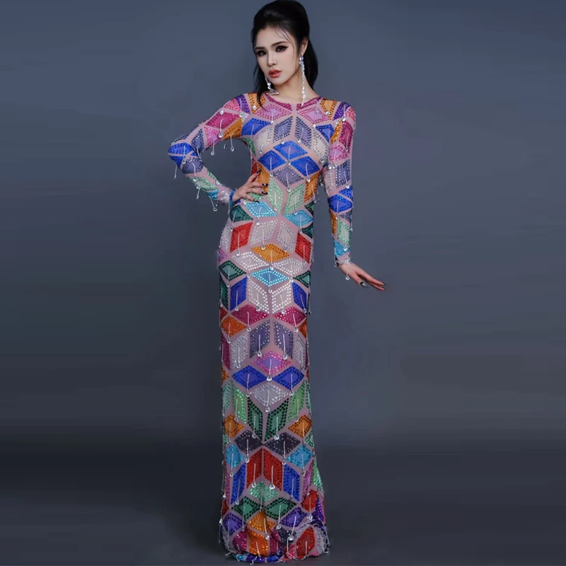 Body con diamantes de imitación coloridos para mujer, vestidos de noche para celebrar, disfraces de baile Gogo, trajes de baile en barra de Halloween, trajes Rave XS9879