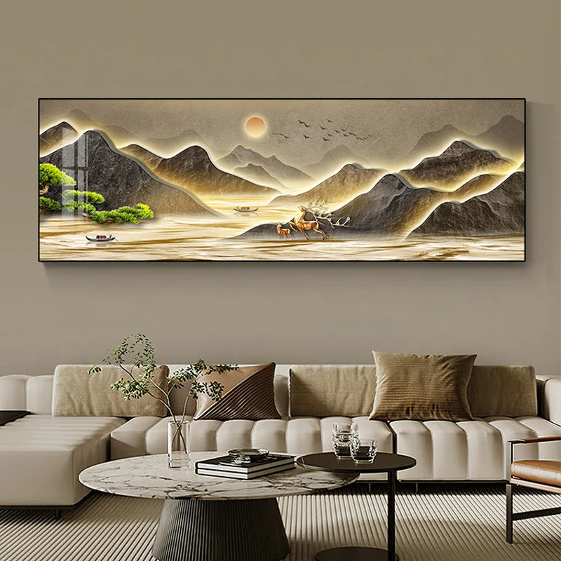 New Chinese Style Mountain Canvas Painting Wall Art Rich Tree Posters Golden Deer Wall Art for Living Room Decoration Unframed