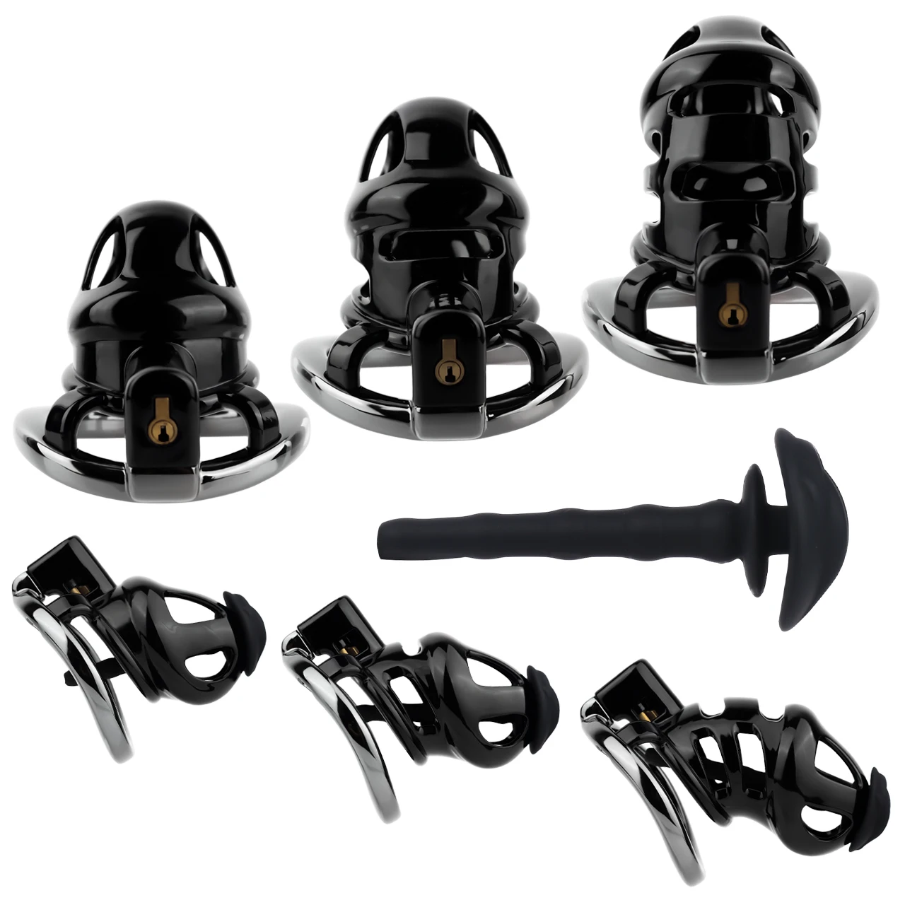 FRRK 3 Sizes ABS Black Chastity Cage with 4 Sizes Aluminum Alloy Penis Ring Silicone Urethral Plug Elastic BDSM Belt To Choose