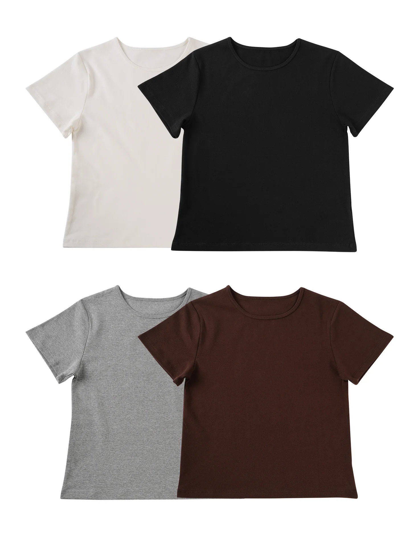 

Korean Style Pure Color Brushed Short Sleeve T-Shirt Women's Basic Slim Fit Base Shirt Versatile Short Length round Neck