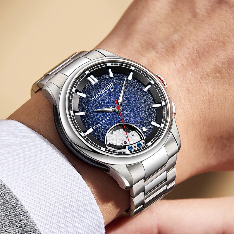HANBORO Men Automatic Watch 41.5mm Alarm Mechanical Wristwatch Ring The Bell 5ATM Waterproof Sapphire Luminous Skeleton Dial view 6