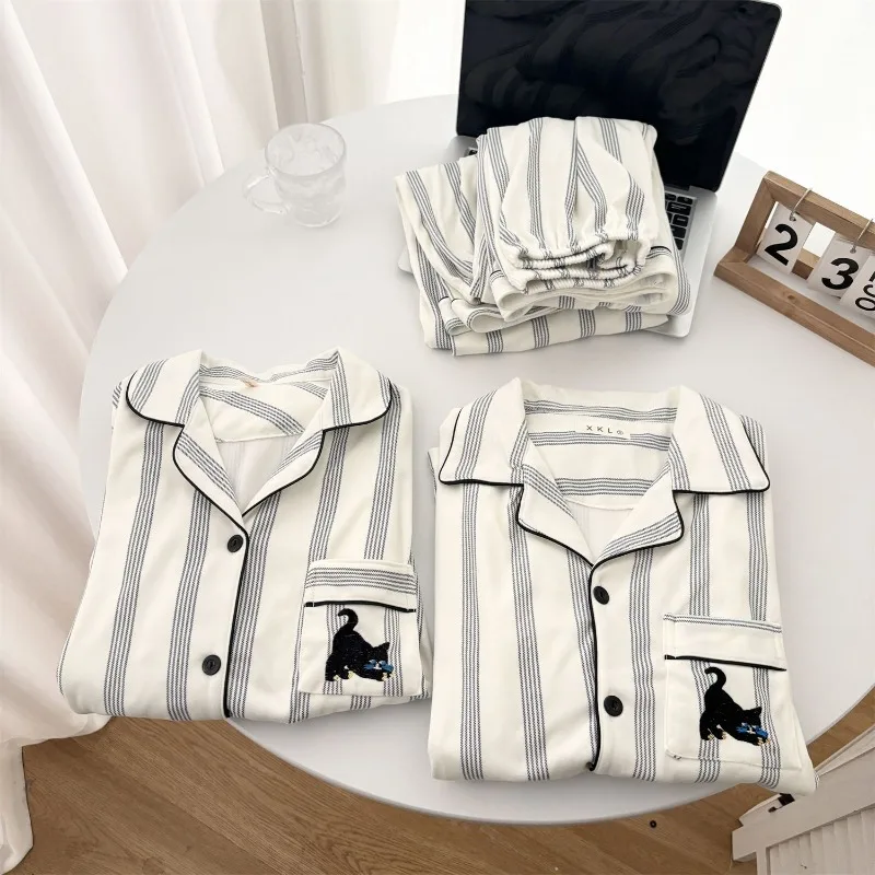 Autumn Winter Men Pajama Set Gent Striped Cartoon Cardigan Long Sleeves Loungewear Boys Warm Set Plus Size Wearing Home Outside