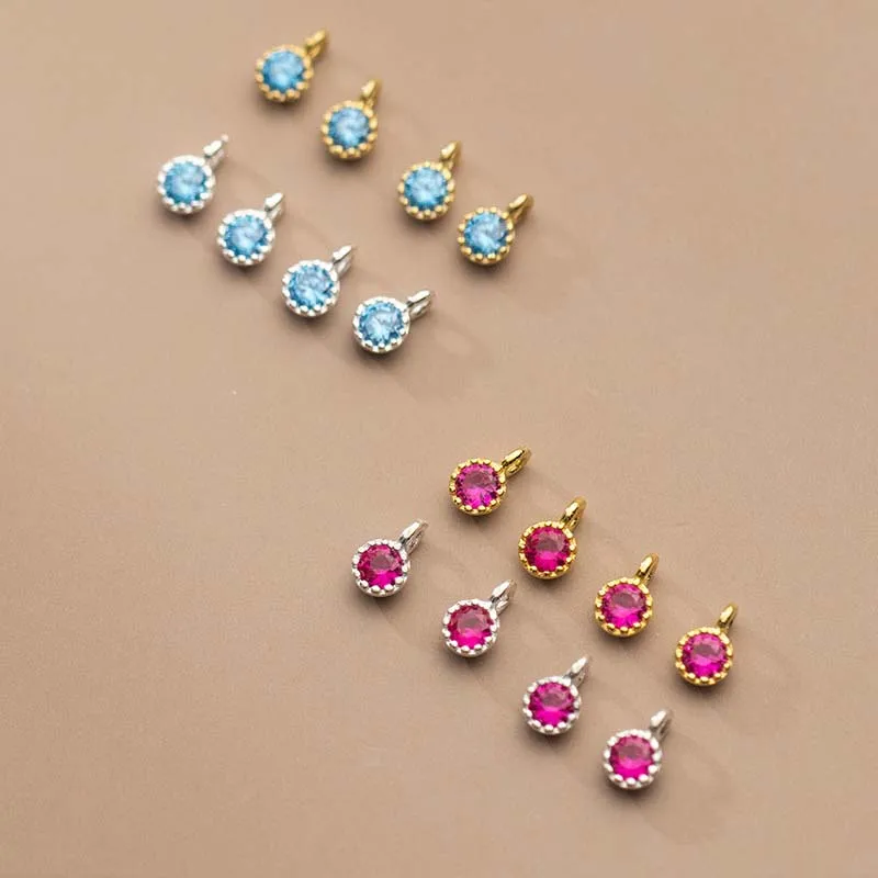 2pcs Genuine Real Pure 925 Sterling Silver Pendants Colorful Cubic Zircon Round Suspension DIY Jewelry Making Findings