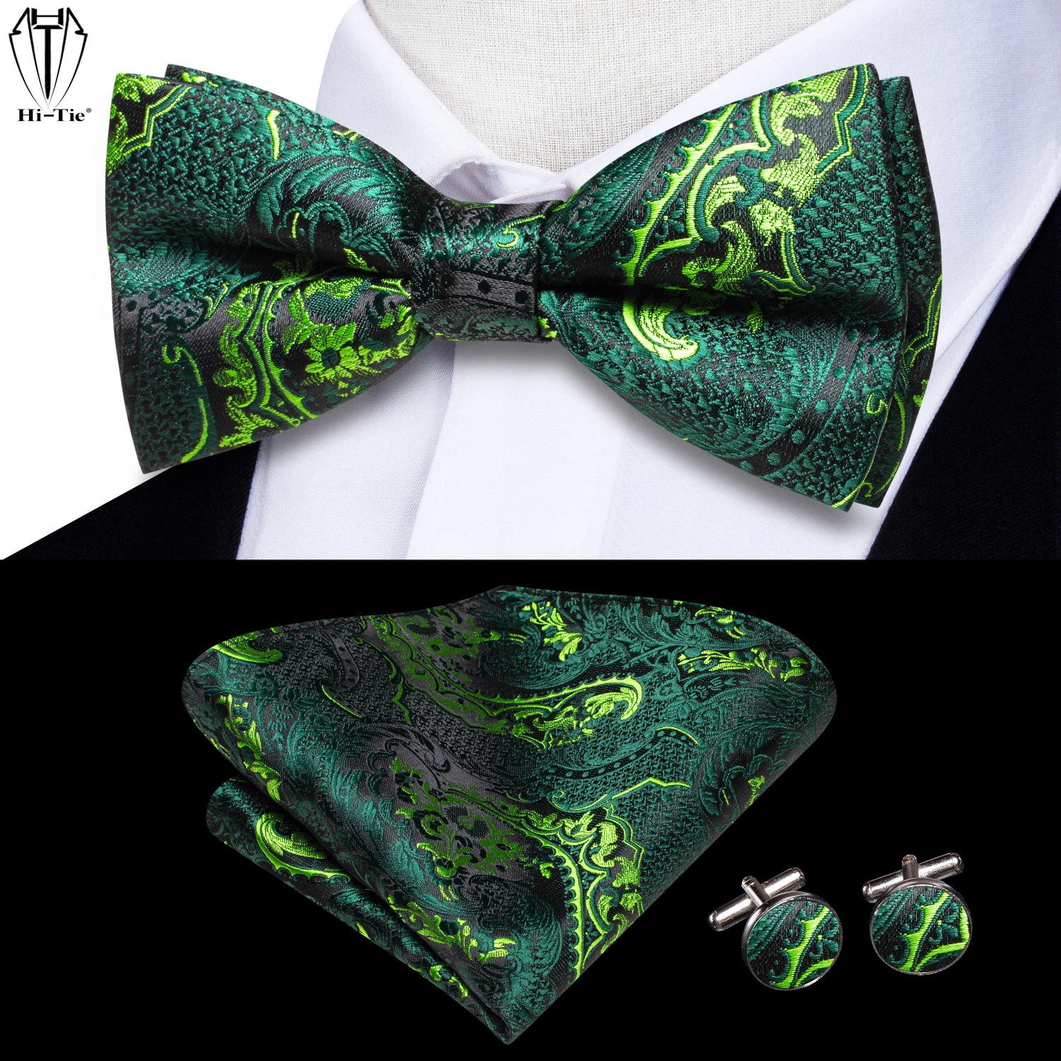 

Hi-Tie Green Mint Teal Silk Mens Bow Tie Hanky Cufflinks Set Pre-tied Butterfly Knot Adjustable Bowtie Male Wedding Business