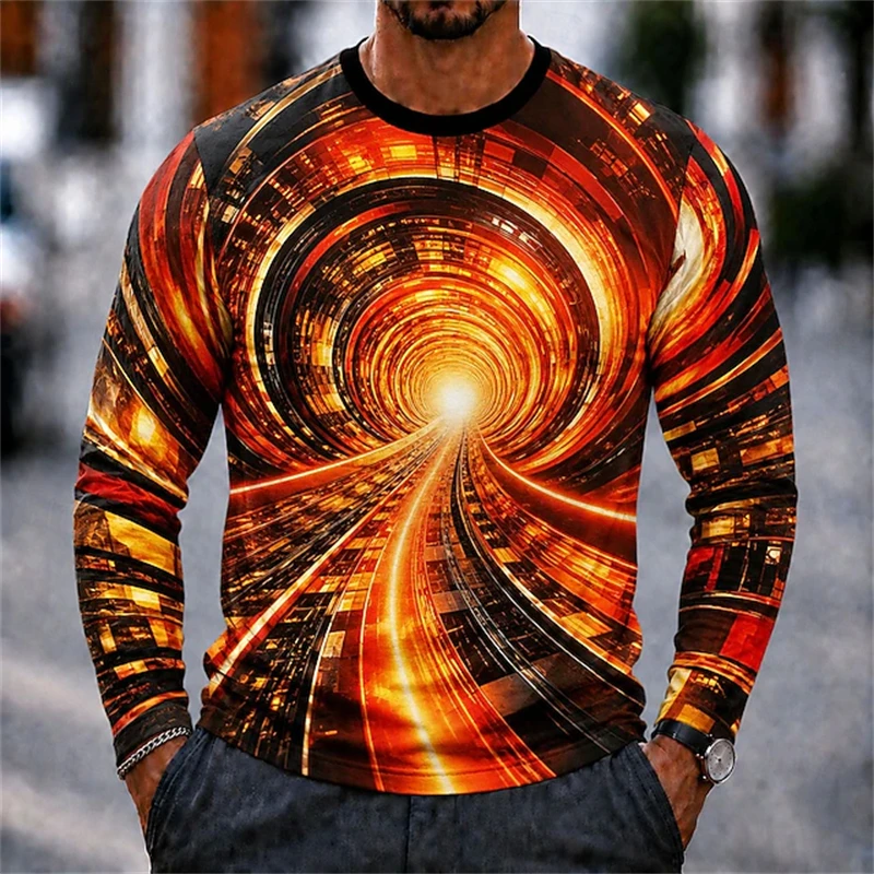 Men's New Spring Fall Round-Neck Long-Sleeve T-Shirt with 3D Abstract Art Print Fashionable Trendy Street-Style Men's Top