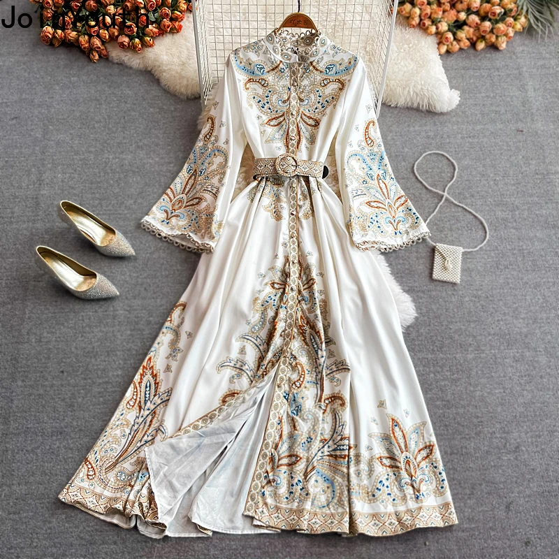 2024 Vestidos De Mujer Print Maxi Dress Women Slim Waist Big Swing Stand Neck Robe Femme Vintage Single Breasted Summer Dresses