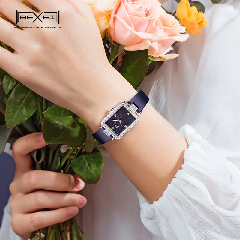 Bexei 6112-女性のためのレトロな正方形のクォーツ時計,エレガントでちりばめられたジュエリー,人工サファイア,シェルダイヤル,シルク