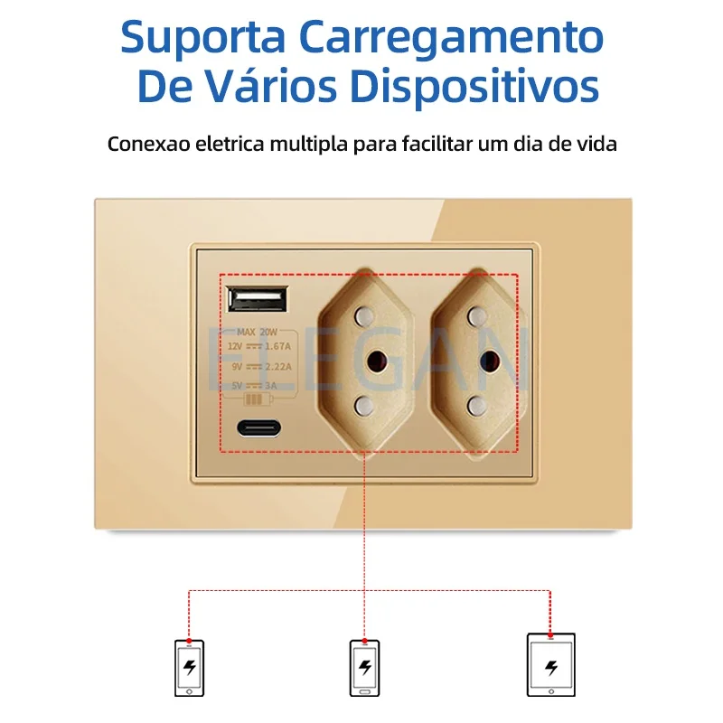 Picture 4: ELEGAN Tempered Glass Full-paddle Brazil USB Type C Fast Charging 20W Wall Socket Switch Integrated Module 10A 20A