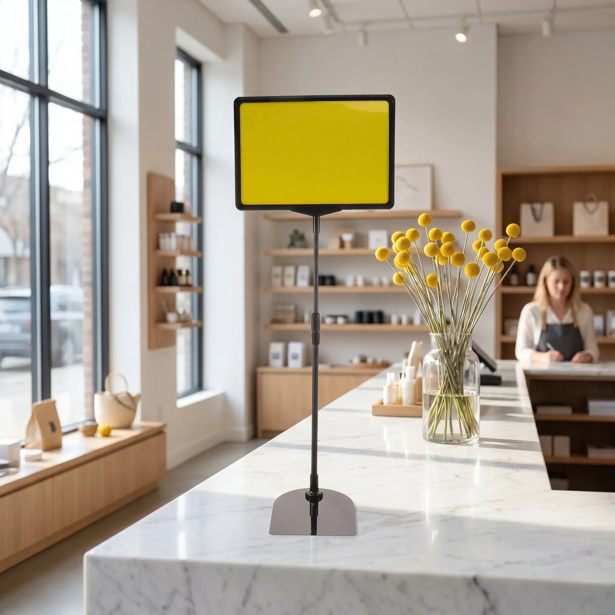 Sign Holder Stand 8.5x11 Adjustable Floor Standing Signage Stand 16.7-27 Height Rotated Snap Open Frame Retail Store Display