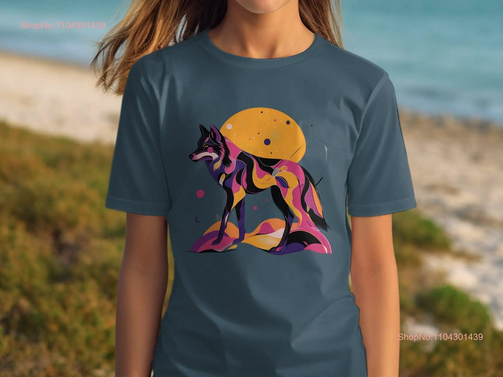 Sunset wolf on dunes T Shirt picturesc walking painted pastel colour style wild in the sun long or short sleeves