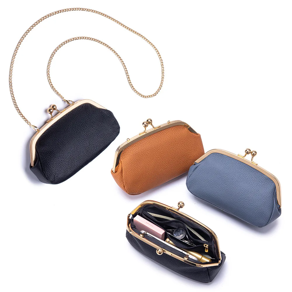 Soft Real Leather Frame Clutch Purse, Multi Layer Interior Kiss Lock Crossbody Bag Fits Cell Phone Cosmetics Cards