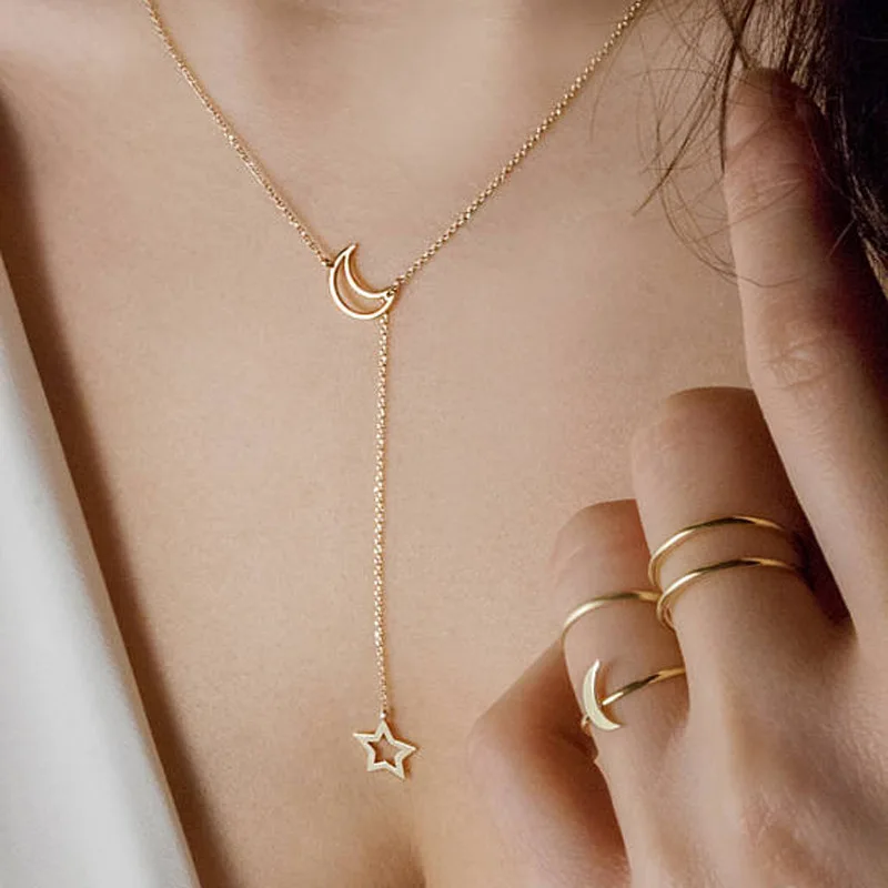 Vintage Star Moon Pendant Choker Necklace for Women Minimalist Tassel Clavicle Chain Trendy Delicate Jewelry Girl Gift