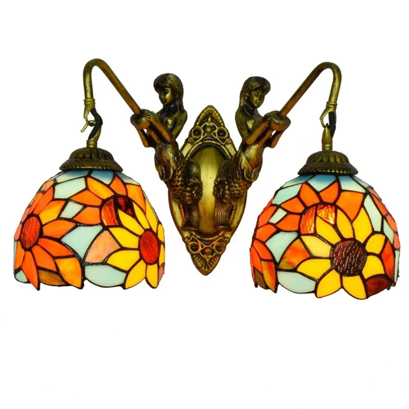 

Tiffany Corridor Double Head Wall Light American Creative Stained Glass Living Room Dining Room Sun Flower Glazed Light