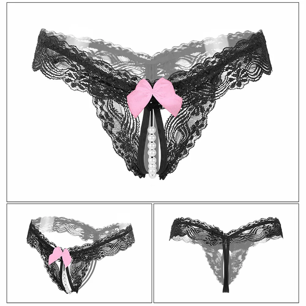 Fashion Lingerie Knickers Pearl Lace G-string Sexy Thongs Panties Open Crotch Crotchless Underwear