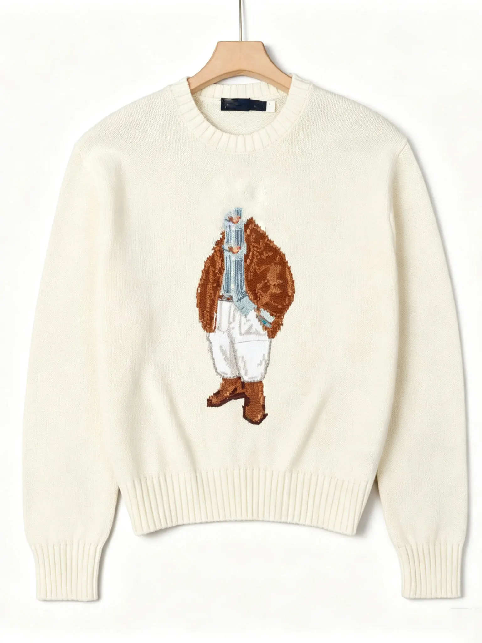 Cartoon Embroidered Long Sleeve round Neck Knitted Sweater Women's Casual Top White Versatile Loose Fit Online Exclusive