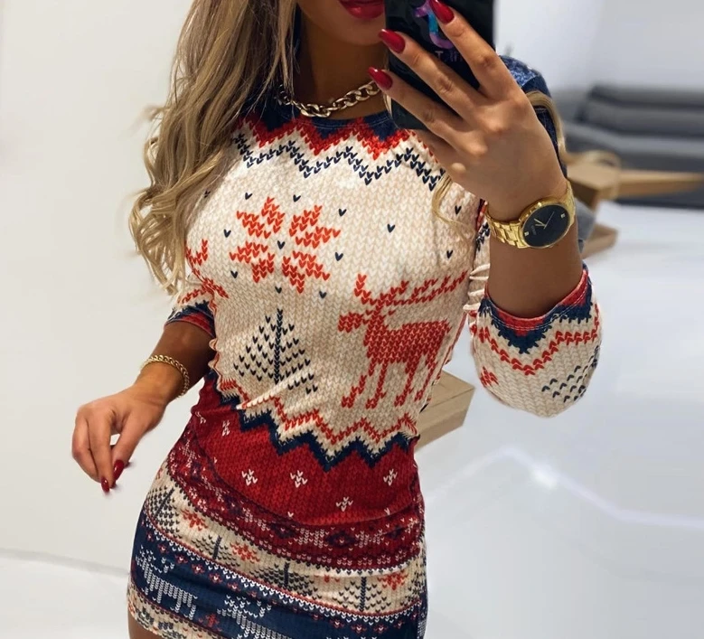 

Women's Commuting Dress 2024 Autumn Winter Latest Round Neck Christmas Print Long Sleeved Tight Mini Dress Mid Length Skirt