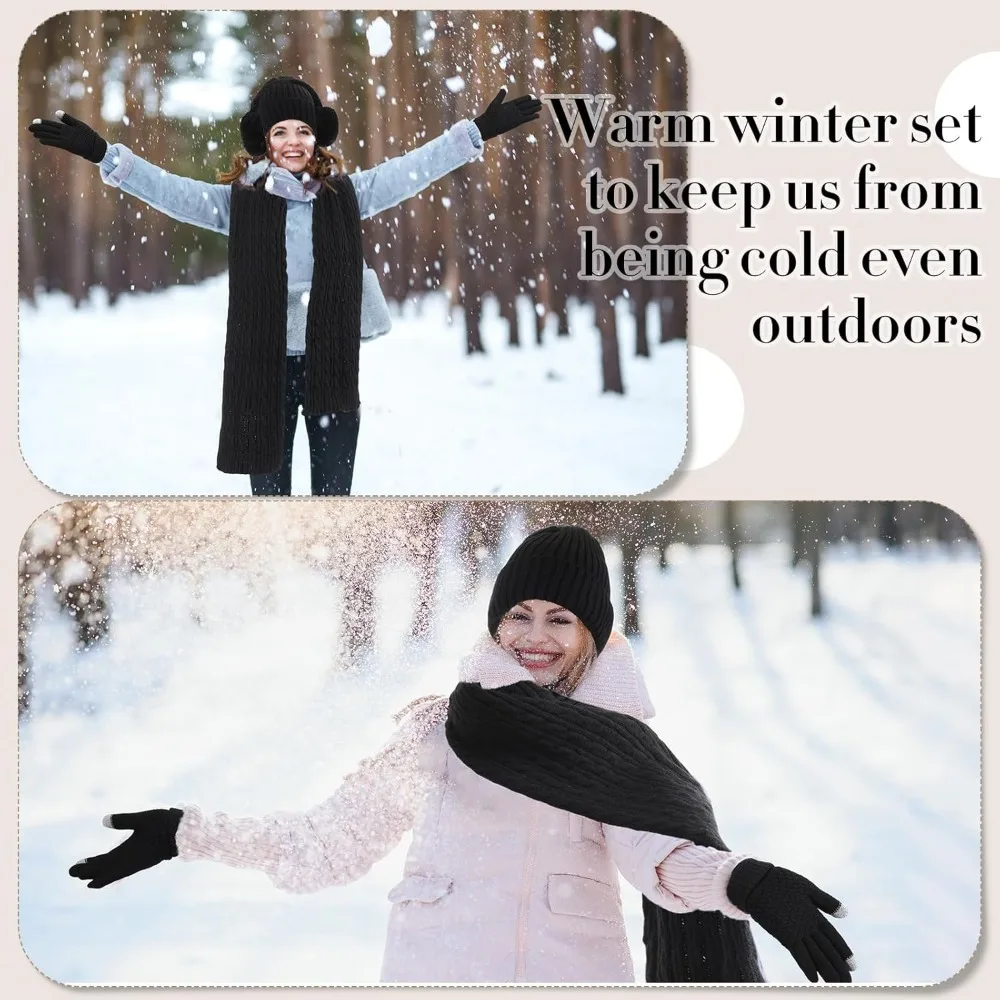 6 قطعة مجموعة الشتاء الدافئة للنساء قبعات حريمي دافئة قفازات لمس وشاح طويل الأذن يفشل الجوارب هدايا الشتاء للنساء