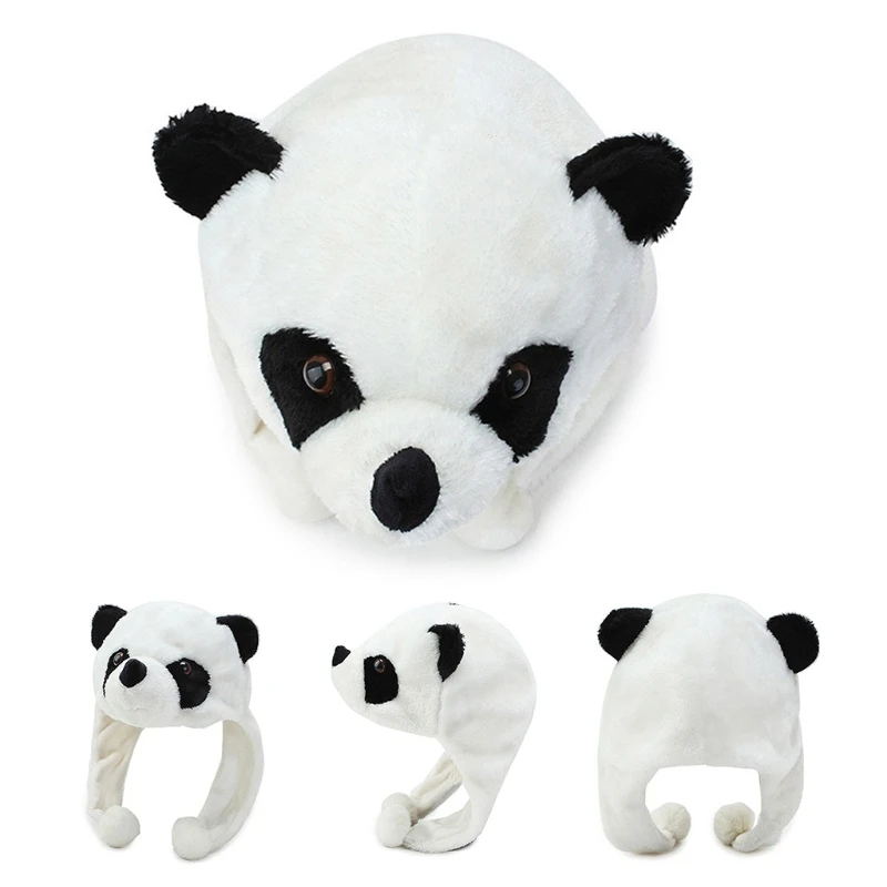 Y1UB Adult Kids Cartoon Plush Panda Animal Beanie Hat with Pom Pom Ends Long Straps Thermal Warm Funny Stuffed Toy Earflap