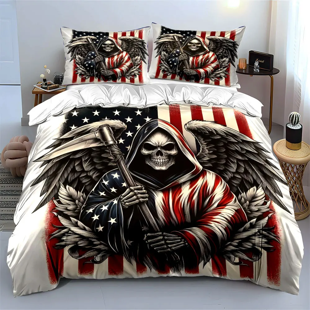 Grim Reaper Holding Scythe with Wings Print Bedding Set 1 Duvet Cover 2 Pillowcases for Adult and Children Luxury Gift
