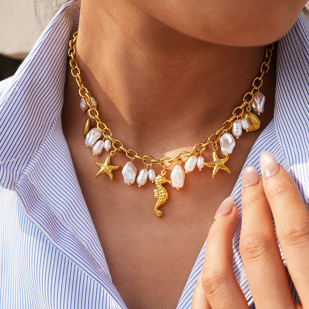 

Stainless Steel Ocean Charms Necklace for Women Trendy Chic Beach Waterproof Holiday 18K Gold Plated Jewelry