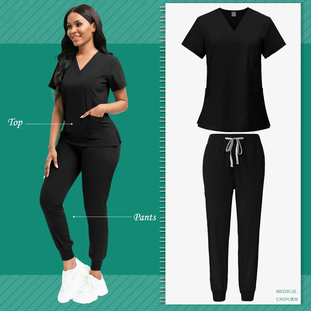 Slim Fit Scrubs Conjuntos para Mulheres, Uniformes Médicos Hospitalares, Enfermeiros Acessórios, Clínica Dentária, Salão de Beleza, Spa Workwear, Tops e Calça