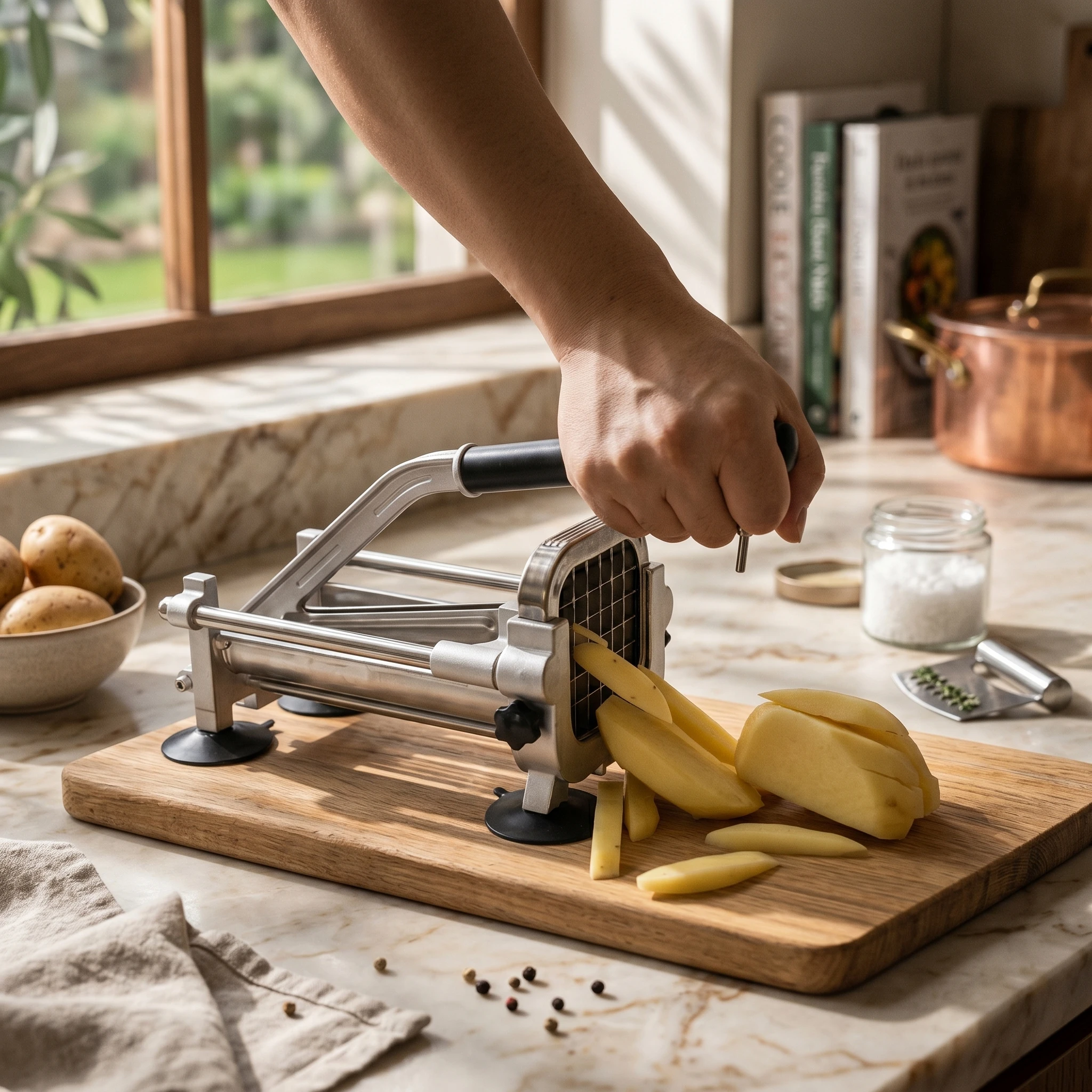 

Manual Vegetable Strip Cutter Lever Handle Suction Cup Vegetable Cutter Food Prep Tool Black Grip Metal Frame