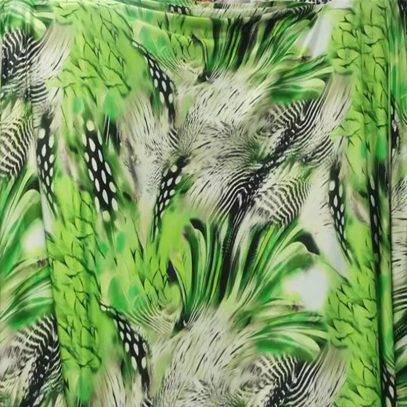 Good,4 Side Elastic Milk Silk Knit Cheongsam Fabric,Green Bottom Leaf Feather Large Flower Printing,DIY,Sewing,Dress/Clothing