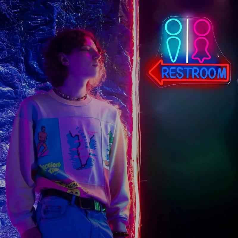Restroom with Arrow Neon Signs for Wall Decor,LED Gender Bathroom Sign,USB Powered Light for Bar,Restaurant,Business,Café,Shop