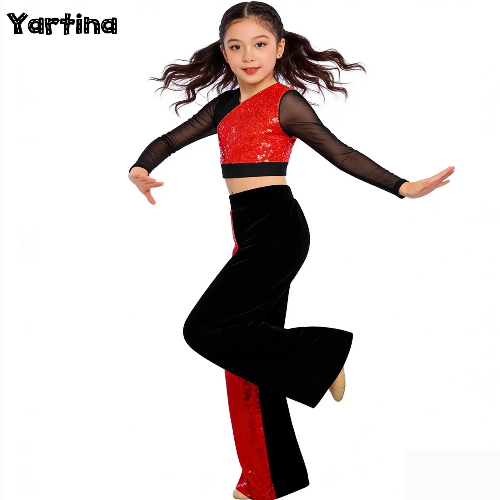 

Детский костюм для джазовых танцев для девочек: блестящий топ с пайетками, длинными рукавами, V-образным вырезом и вырезами на спине, сетчатый, с брюками