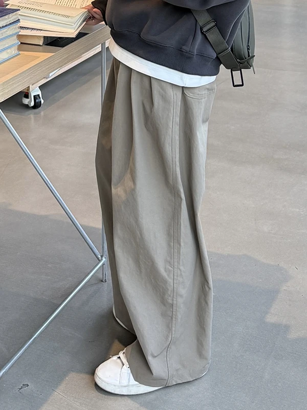 

Loose Casual Work Pants Men's Spring Autumn Khaki Wide Leg Long Pants Pure Color Drapey Straight Leg ket Elastic Waist