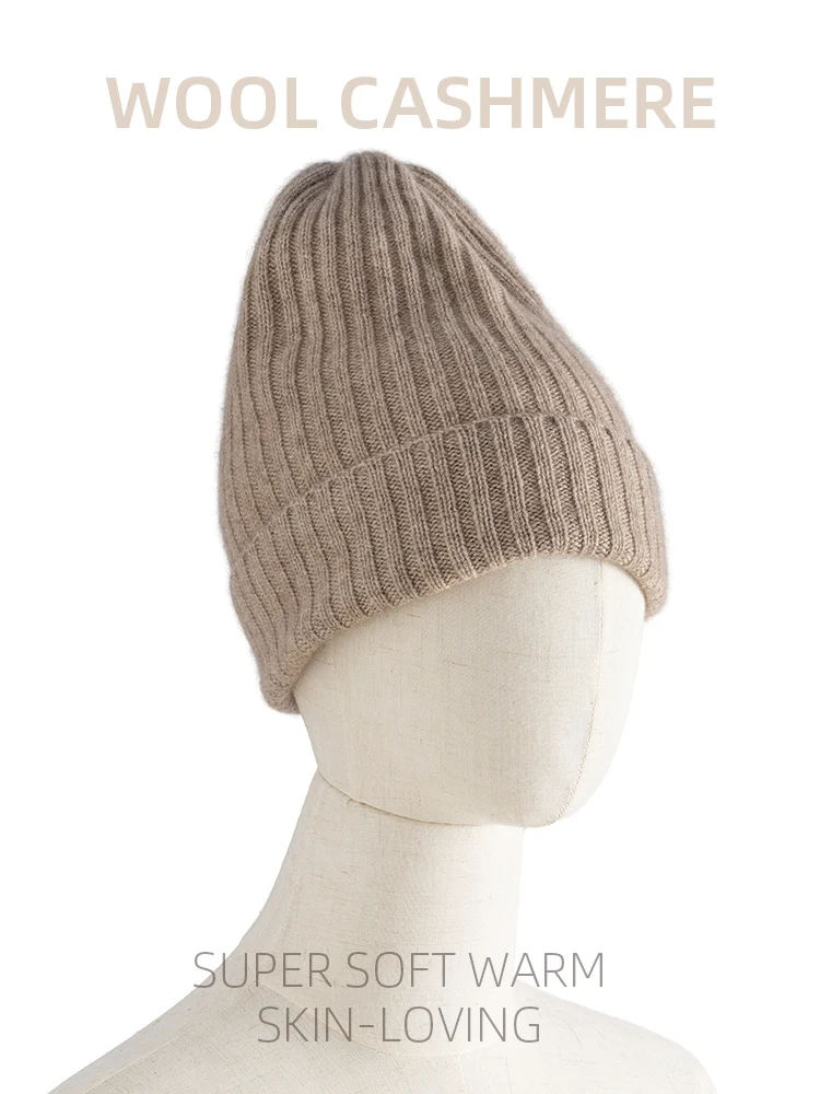 Sales Women 35% Cashmere Knit Ribbed Beanie Caps Solid Color Warm Hat Blends Wool Winter Autumn Warm Skullies Natural Guaranteed