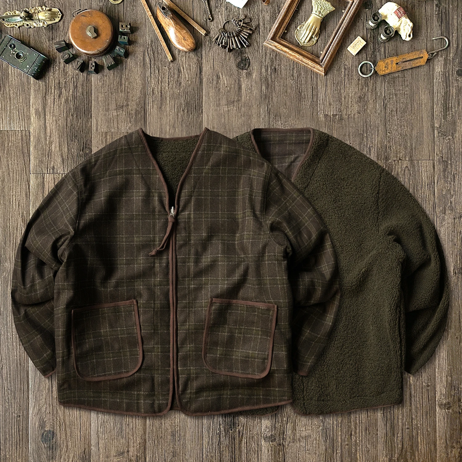 

[SALE] NVGS Mfg Olive plaid wool tweed fleece double-sided V-neck inner jacket retro