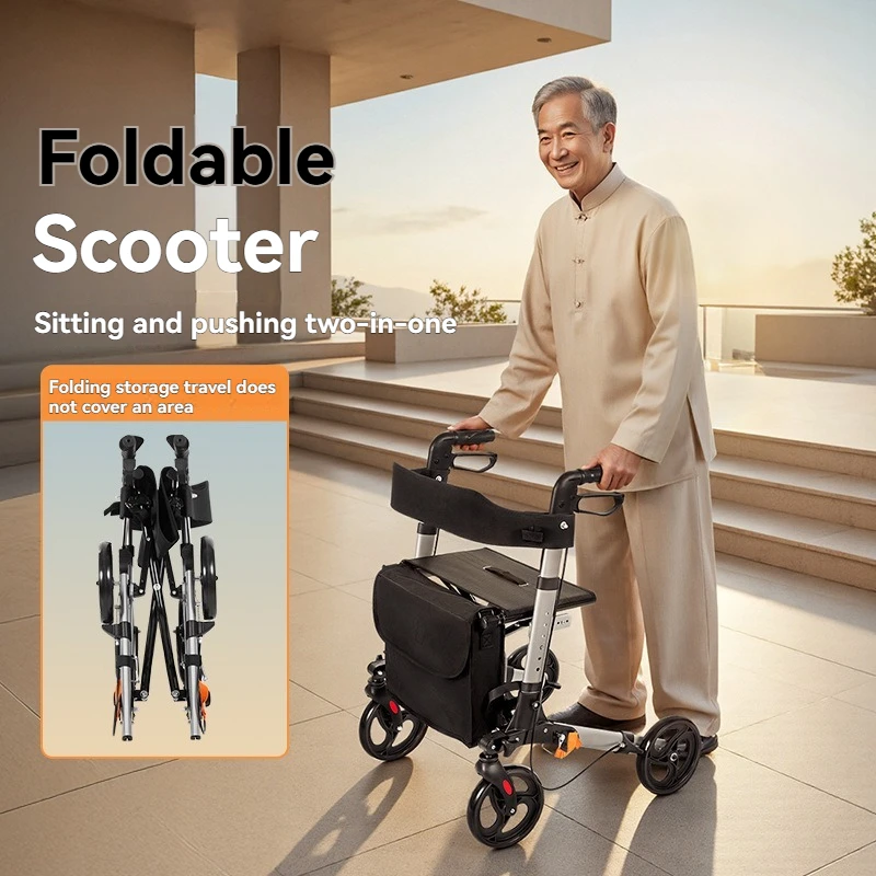 سكوتر مشي لكبار السن متعدد الوظائف قابل للطي، مساعد للقيادة، ارتفاع قابل للتعديل مع جهاز مضاد للسقوط