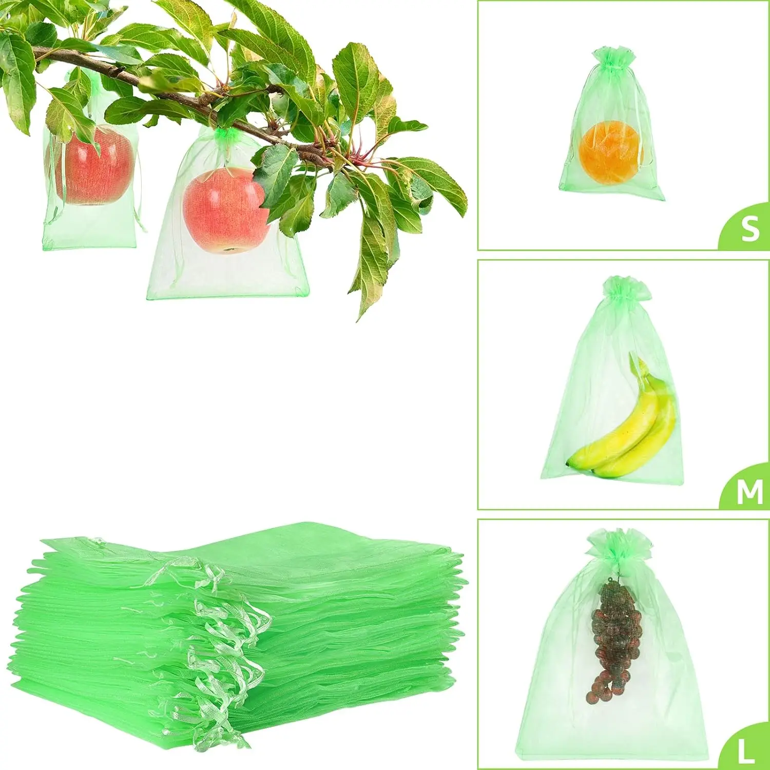 

100 Pcs Fruit Protection Bags, 6x8 Inch Mesh Netting Bags with Drawstring for Trees, Plants, Flowers - Green
