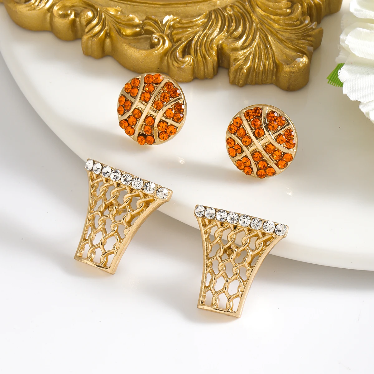 4 Pcs/set Rhinestone Sporty Stud Earrings Creative Designed Basketball Baseball Table Tennis Sport Earrings For Women Accessory