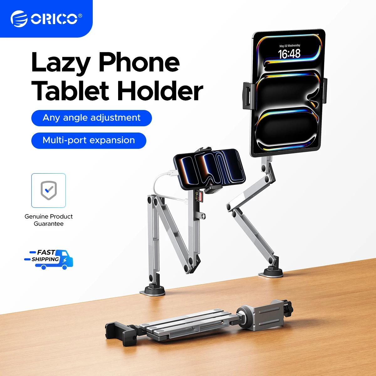 ORICO Clamp On Mechanical Arm Stand 360° Rotatable Foldable with SD TF USB-A 2.0 Interface for Tablet and Phone