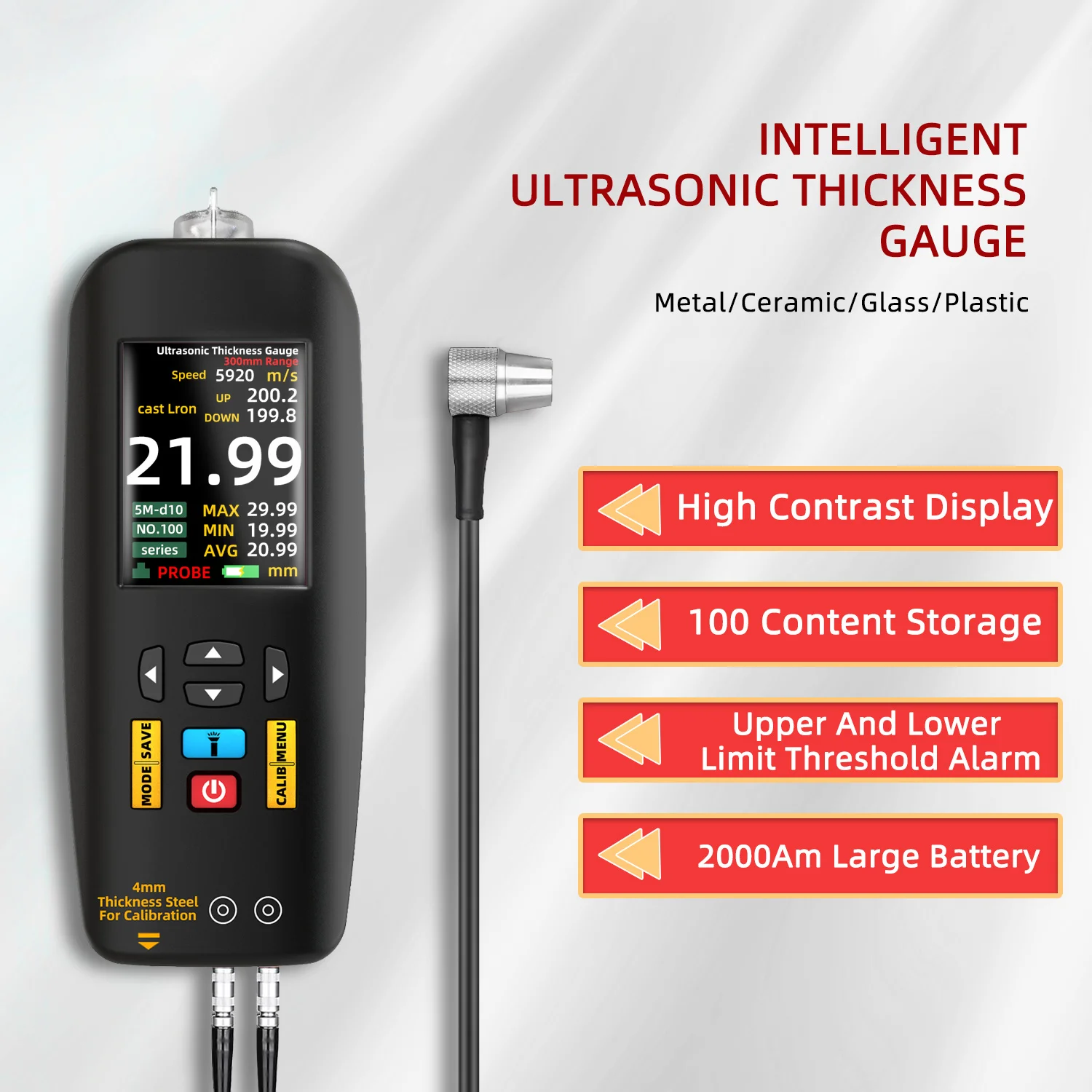 Smart Ultrasonic Thickness Gauge 2.8 inch Color Screen Single/Continuous Thickness Measurement Rechargeable Thickness Gauge