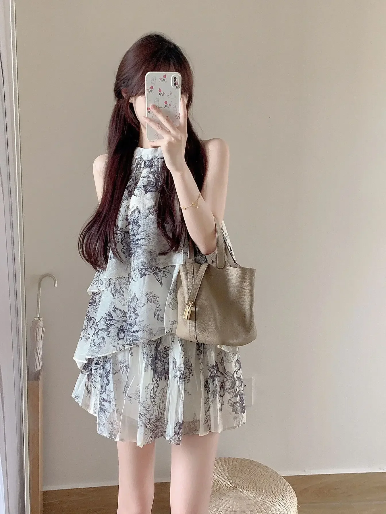 Summer Ink Wash Draw Hot Girl Short Skirts 2 Piece Sets Retro Floral Print Sleeveless Vest Shirt + Ruffles Mini Skirt Set Women