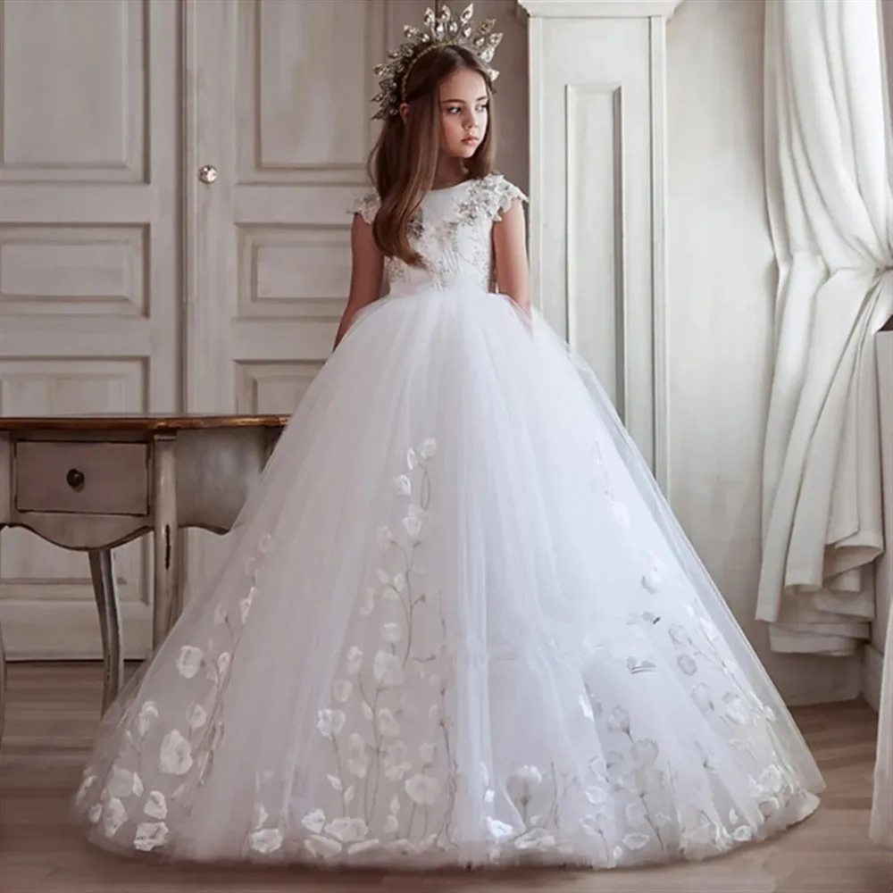 

Elegant Flower Girl Wedding Dress Appliques with Bow Fluffy Princess Birthday Party First Communion Gown Customized