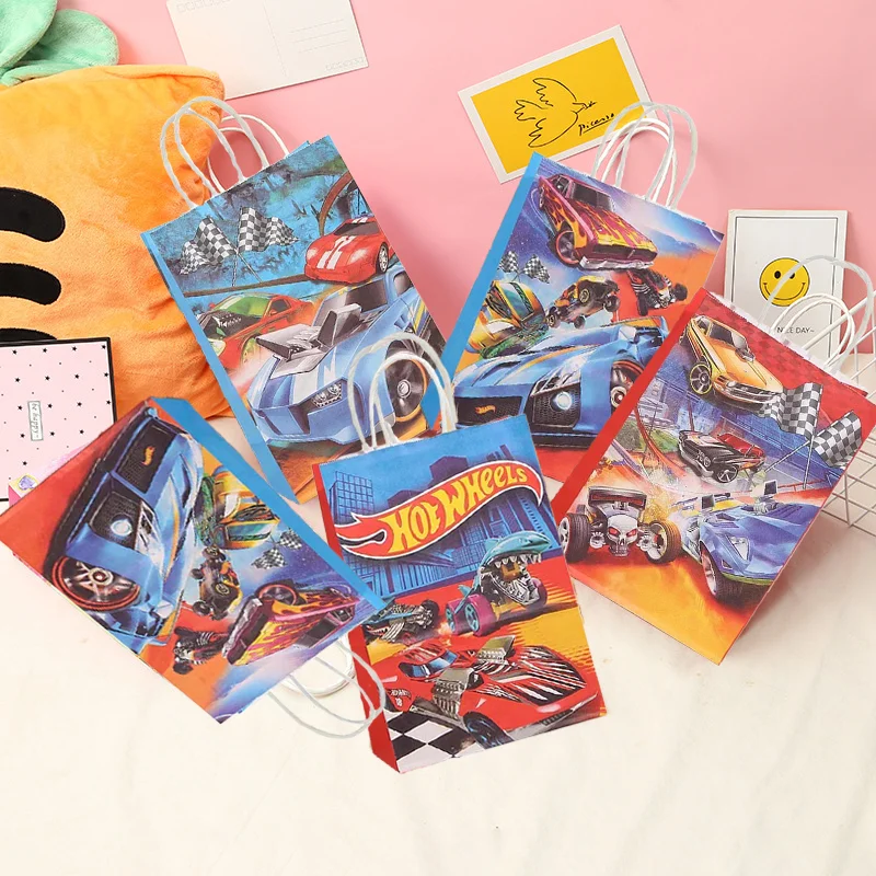 12/20pcs Hot wheels Paper Gift Bags Bag Birthday Party Decor Race Car Paper Handle Bags Goodie Bags  Boys Favor Party Supplies