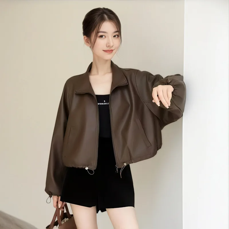 Women's Spring-Autumn Vintage Loose-Fitting Short Leather Jacket for Petite Figures (Leather Coat)