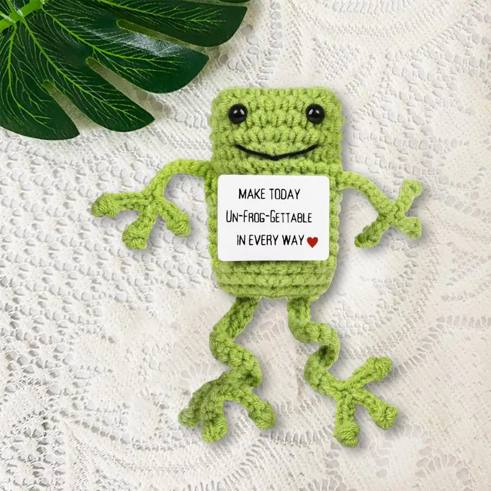 Positive Crochet Frog Doll With Encouraging Card Emotional Support Handmade Knitting Animal Decoration Ornament Relief Toy