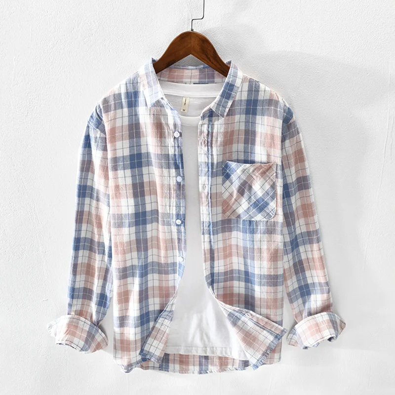New Men's Casual Plaid Long Sleeve Shirt Korean Styles Harajuku Simple Versatile Chest Single Pocket Button Up Tops Shirts Man