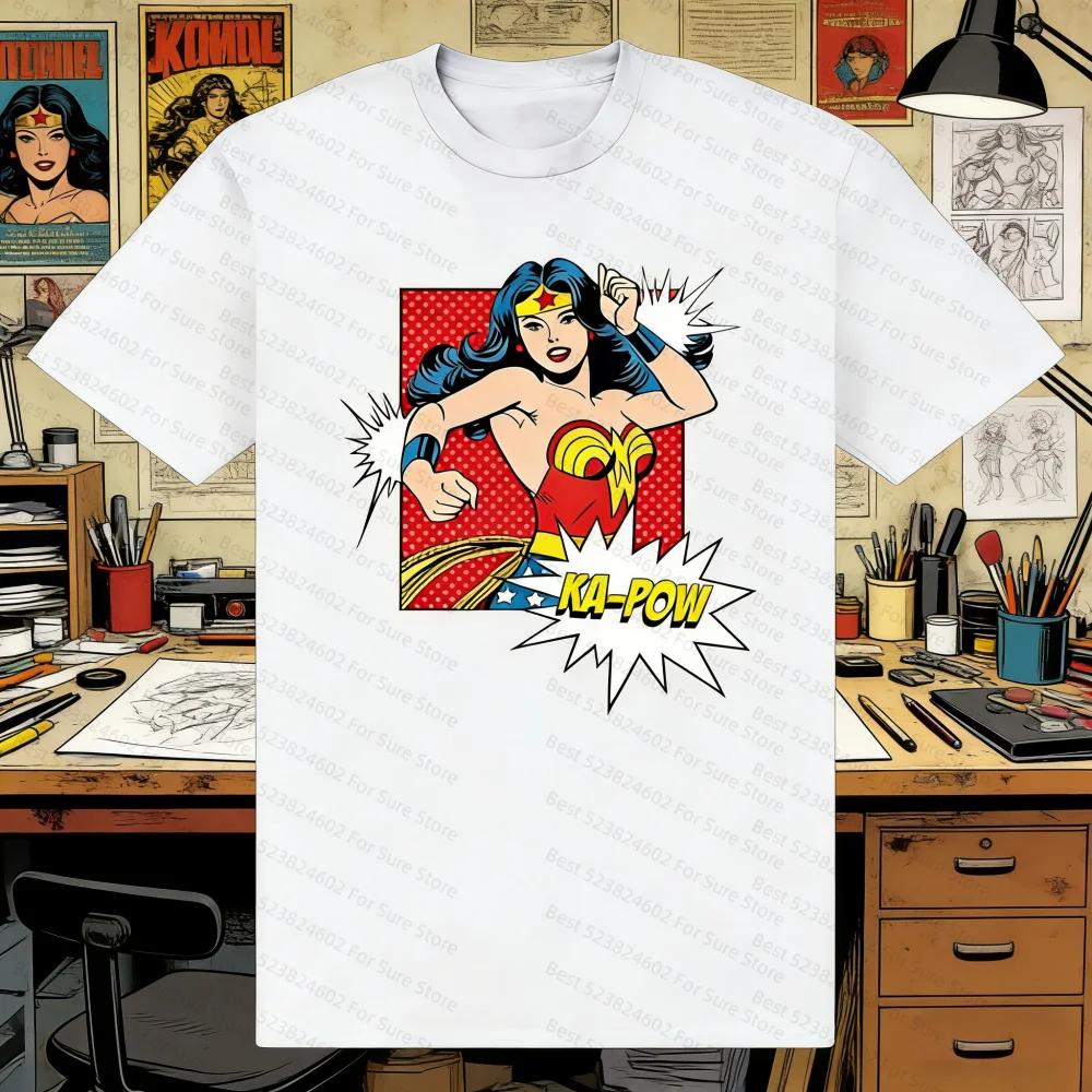 Camiseta gráfica Retro Pop Culture Wonder Woman KA-POW, camiseta informal de superhéroe de DC Comics para hombre, camisetas para mujer