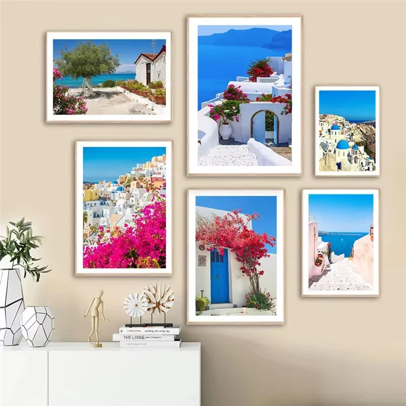 1PC Santorini Greece Island and The Aegean Sea Landscape Print Art Canvas Poster For Living Room Decoration Home Wall Framele
